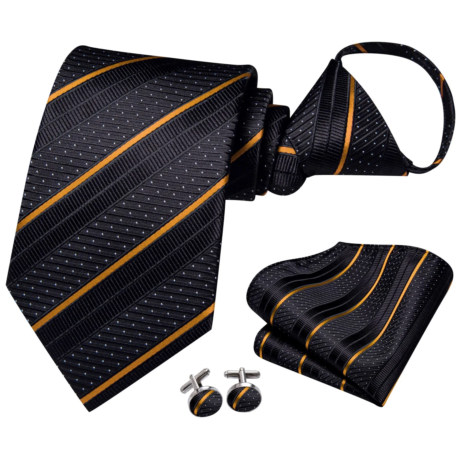 Hi-Tie Black Tie White Dots Gold Stripes Mens Novelty Pre-Tied Tie Set