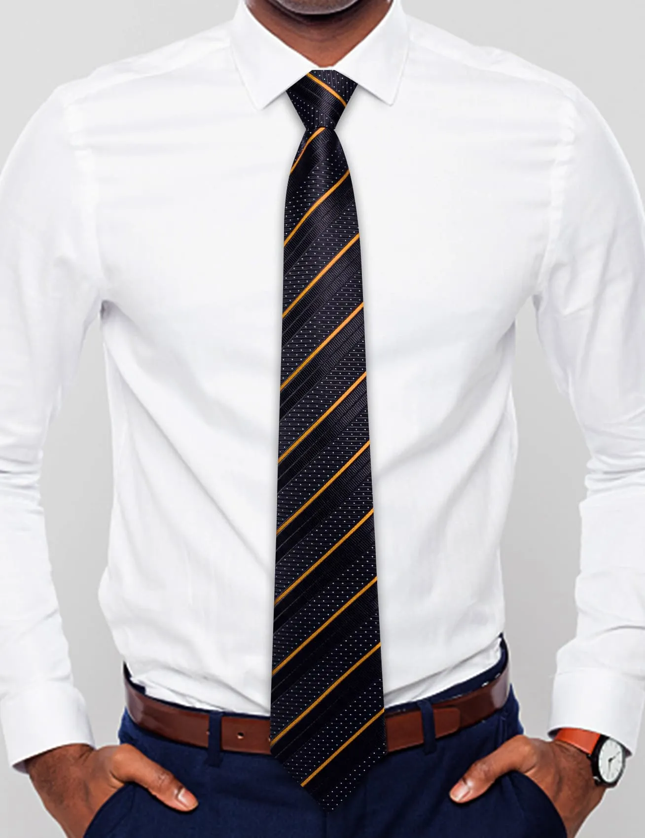 Hi-Tie Black Tie White Dots Gold Stripes Mens Novelty Pre-Tied Tie Set