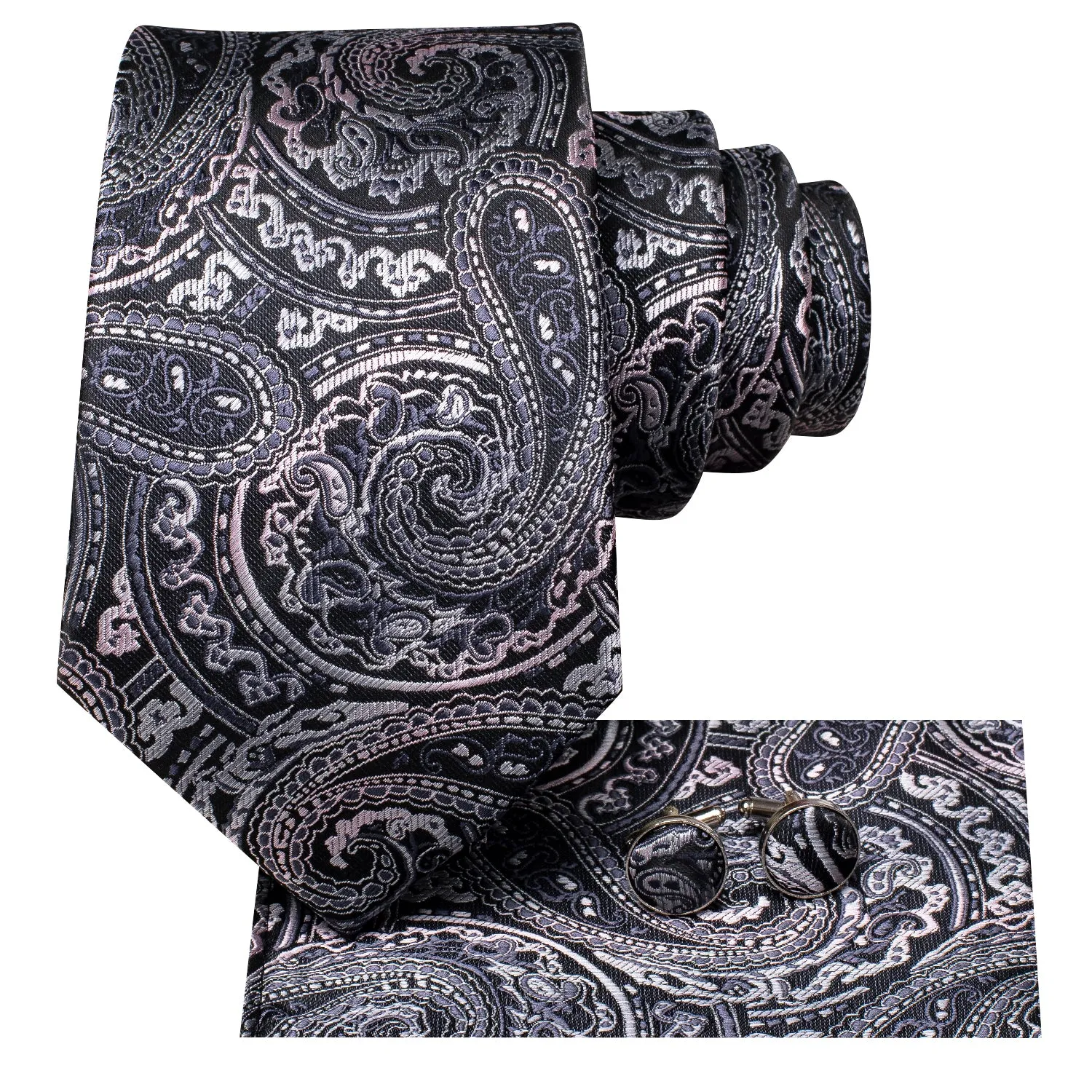 Hi-Tie Black White Jacquard Paisley Tie Pocket Square Cufflinks Set