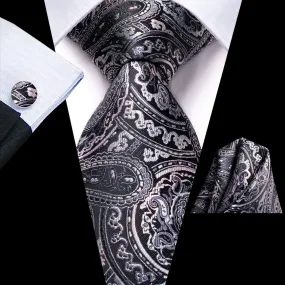 Hi-Tie Black White Jacquard Paisley Tie Pocket Square Cufflinks Set