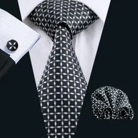 Hi-Tie Black White Plaid Silk Men's Tie Pocket Square Cufflinks Set