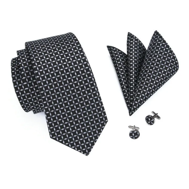 Hi-Tie Black White Plaid Silk Men's Tie Pocket Square Cufflinks Set