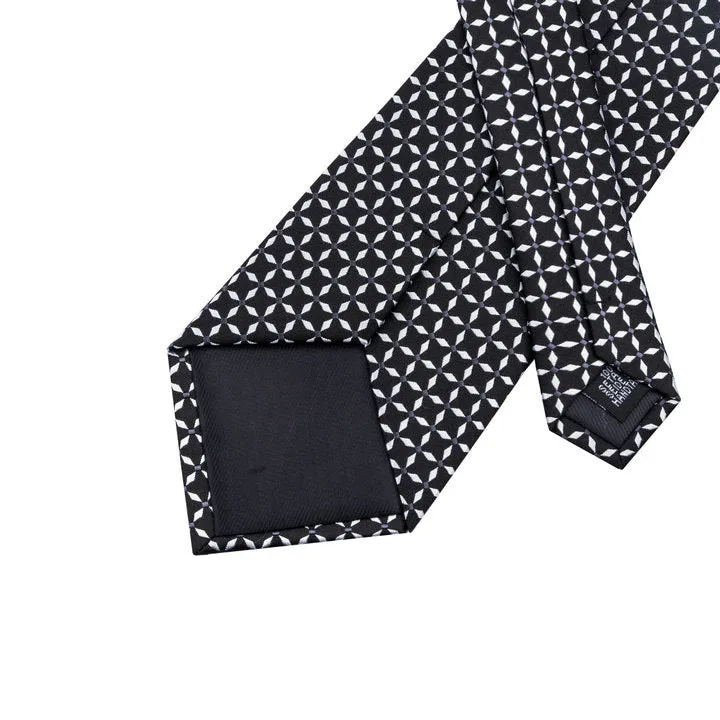 Hi-Tie Black White Plaid Silk Men's Tie Pocket Square Cufflinks Set