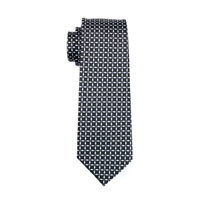 Hi-Tie Black White Plaid Silk Men's Tie Pocket Square Cufflinks Set