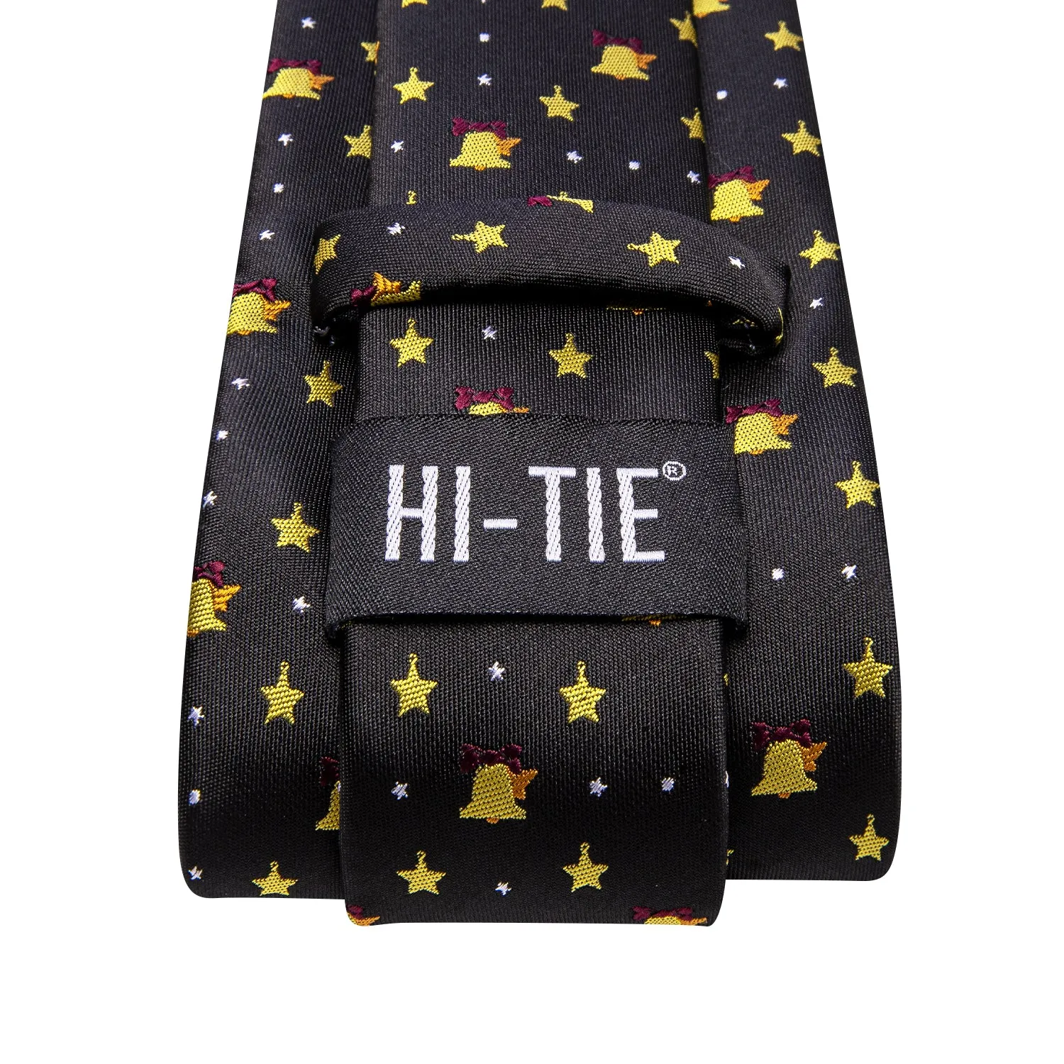 Hi-Tie Black Yellow Christmas Bell Men Tie Pocket Square Cufflinks Set