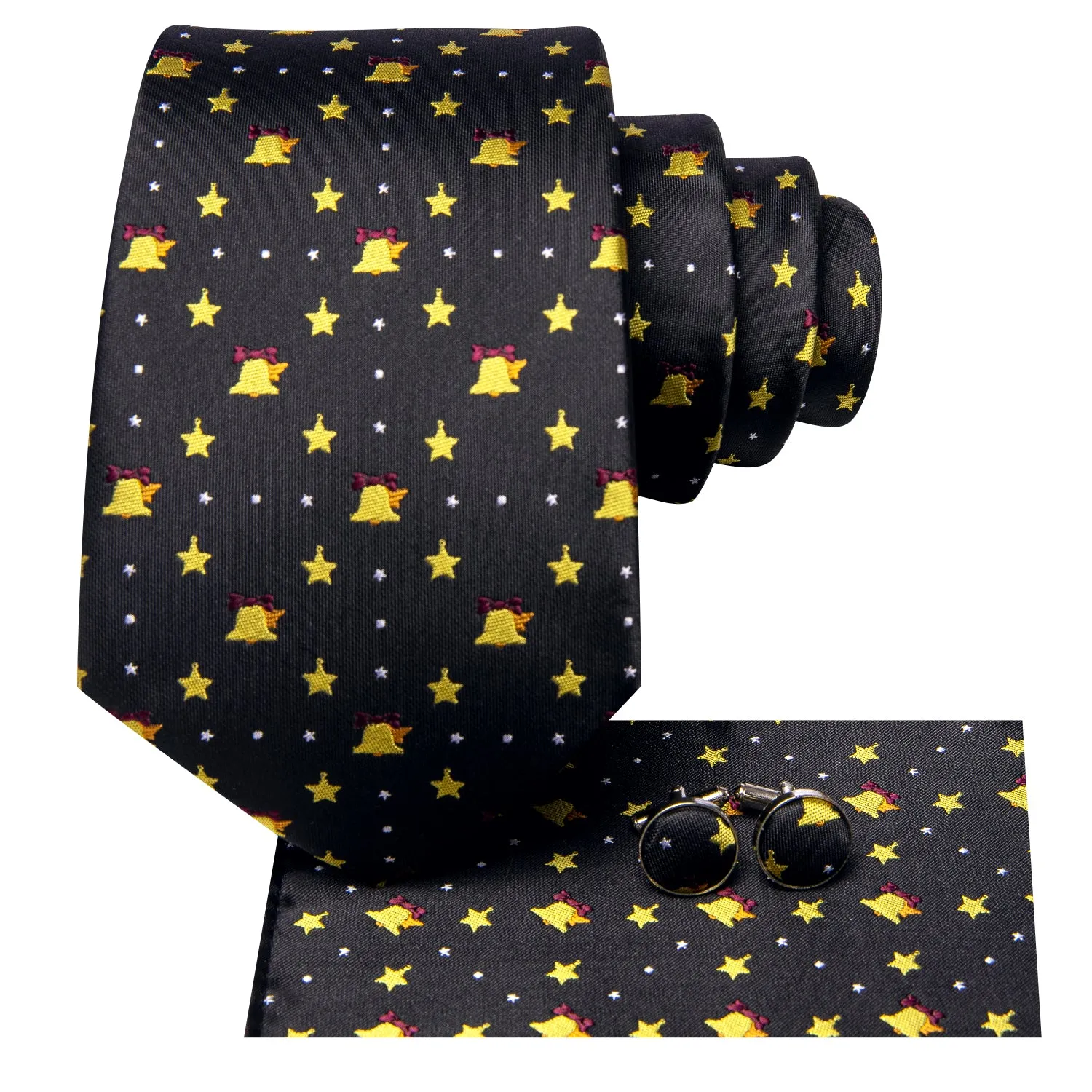 Hi-Tie Black Yellow Christmas Bell Men Tie Pocket Square Cufflinks Set