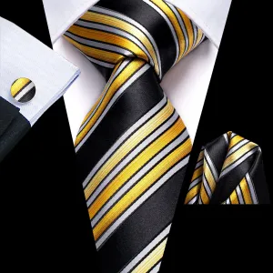 Hi-Tie Black Yellow White Striped Neck Tie Pocket Square Cufflinks Set