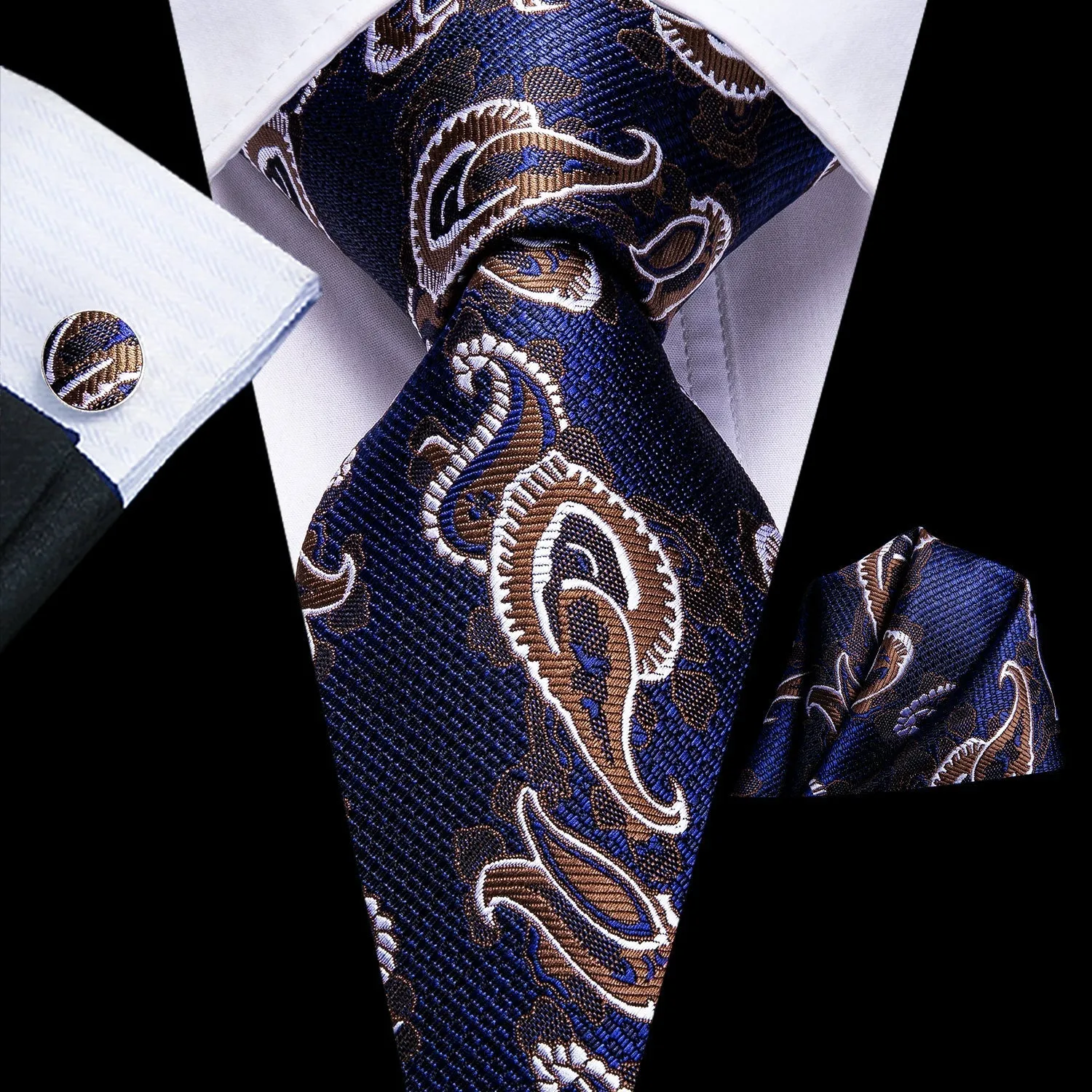 Hi-Tie Blue Brown Paisley Tie Hanky Cufflinks Set with Wedding Brooch