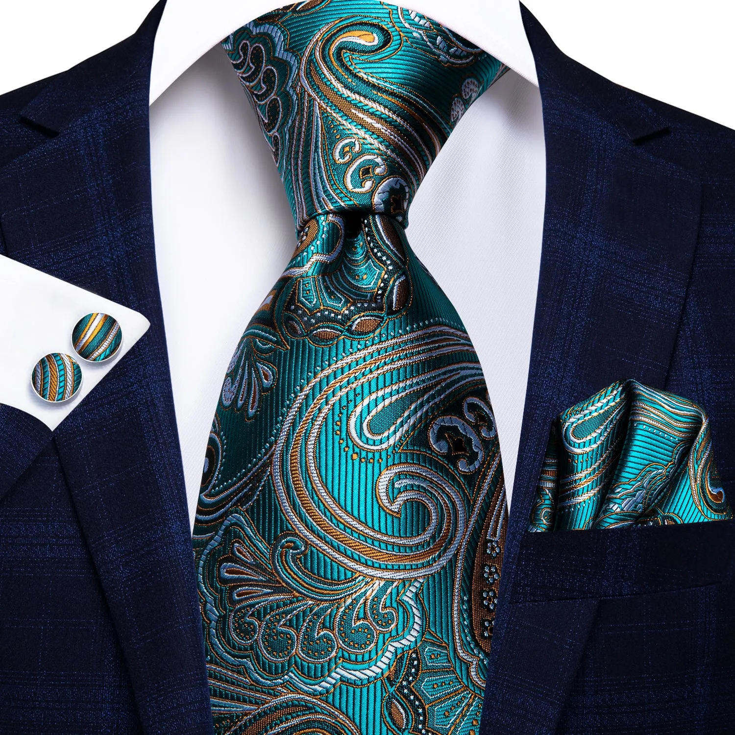 Hi-Tie Blue Green Paisley Men's Necktie Pocket Square Cufflinks Set