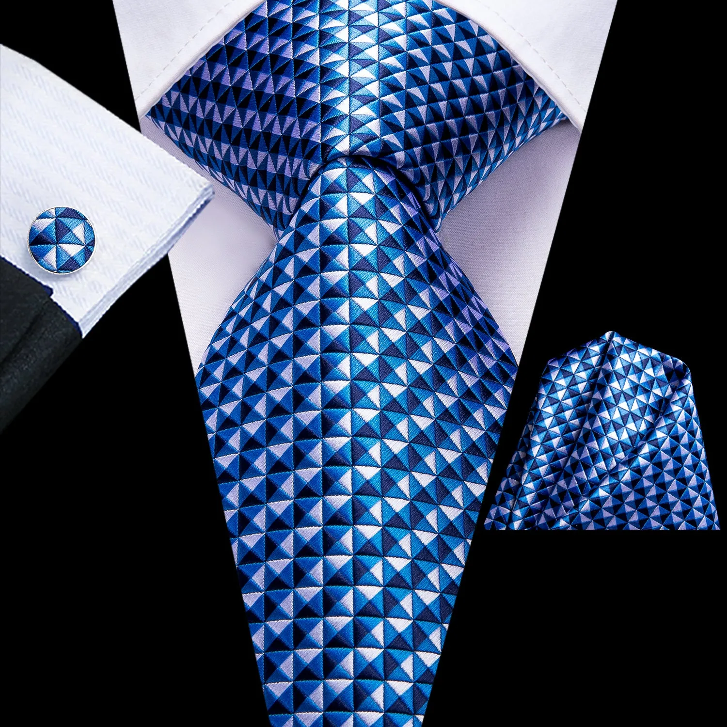 Hi-Tie Blue Necktie White Blue Plaid Tie Pocket Square Cufflinks Set