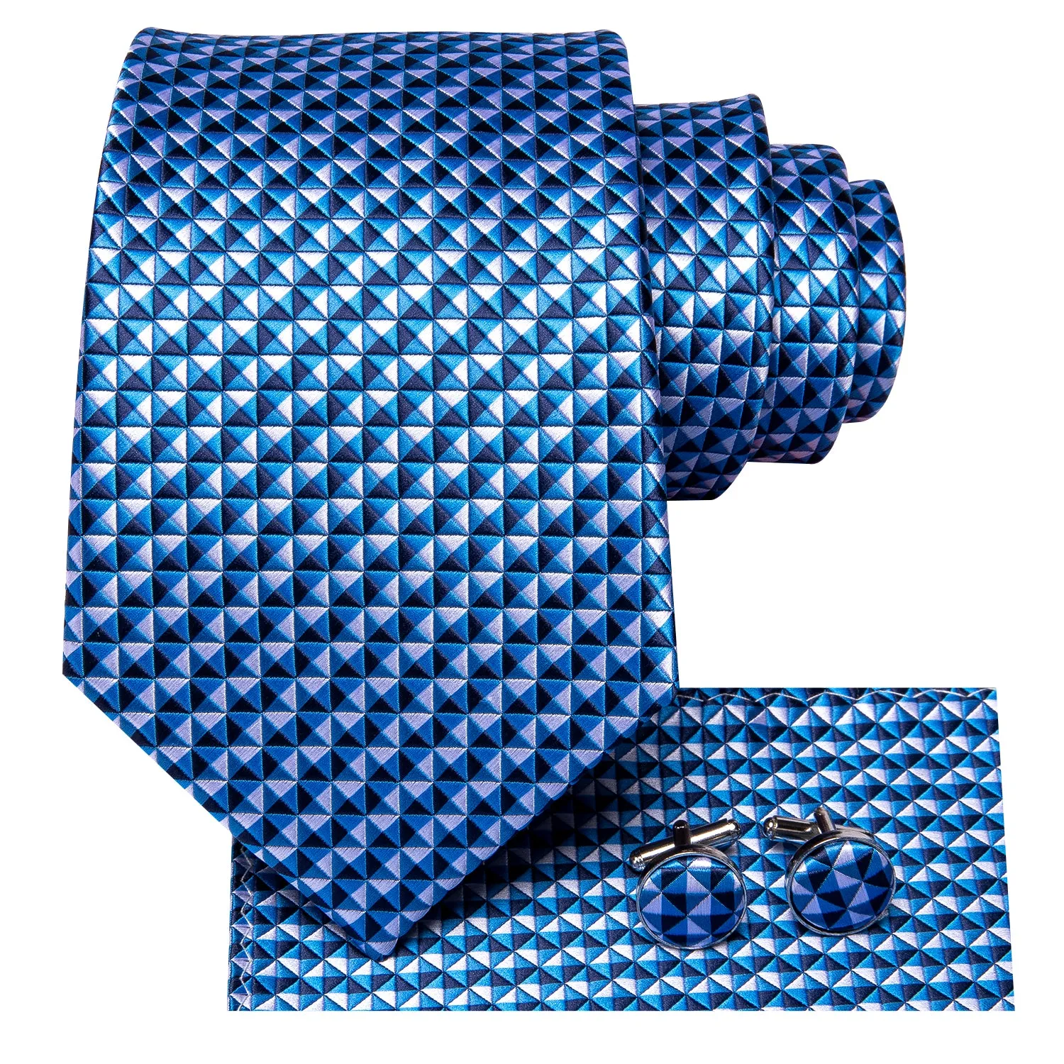 Hi-Tie Blue Necktie White Blue Plaid Tie Pocket Square Cufflinks Set