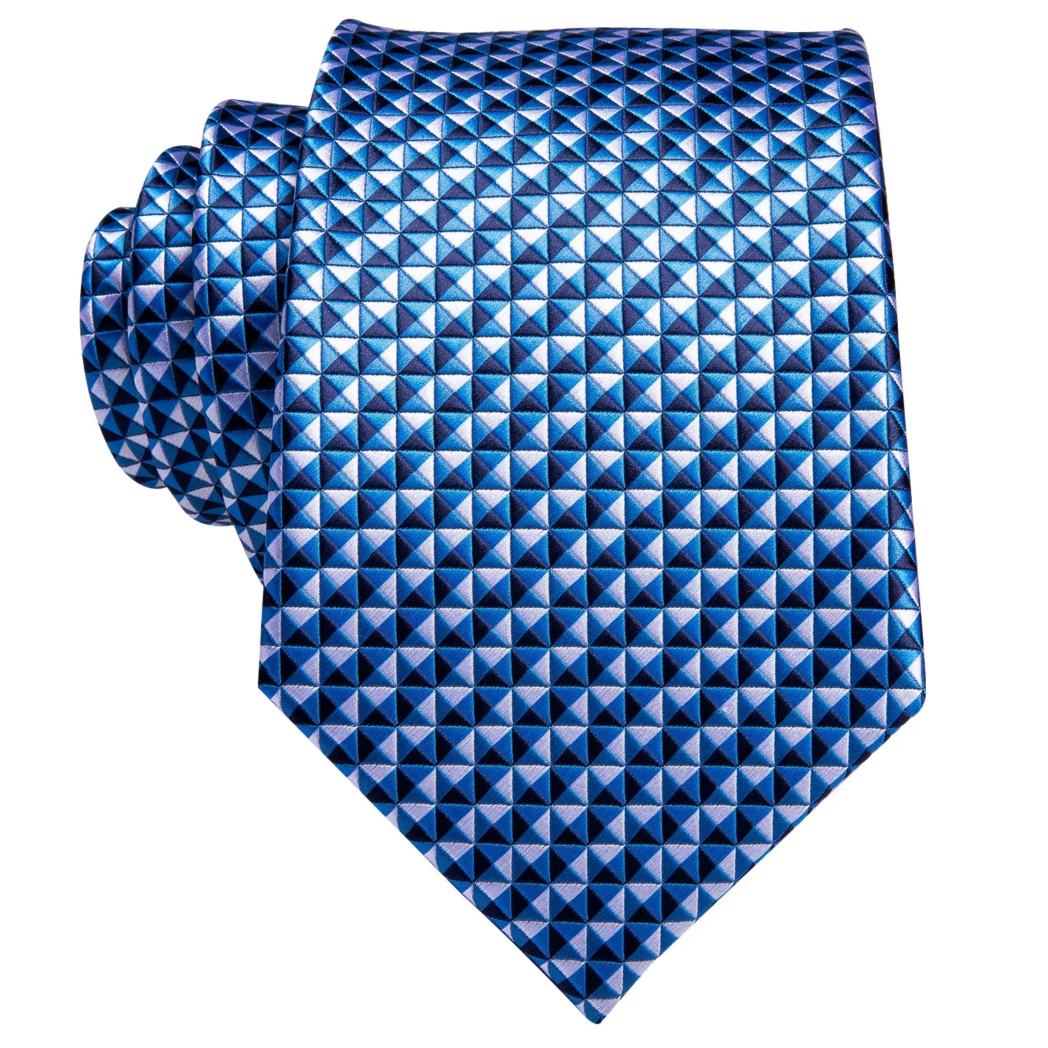 Hi-Tie Blue Necktie White Blue Plaid Tie Pocket Square Cufflinks Set