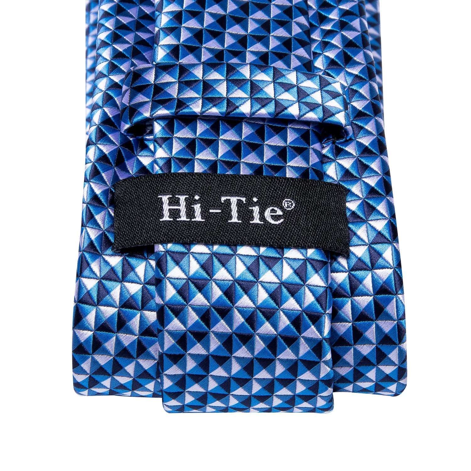 Hi-Tie Blue Necktie White Blue Plaid Tie Pocket Square Cufflinks Set