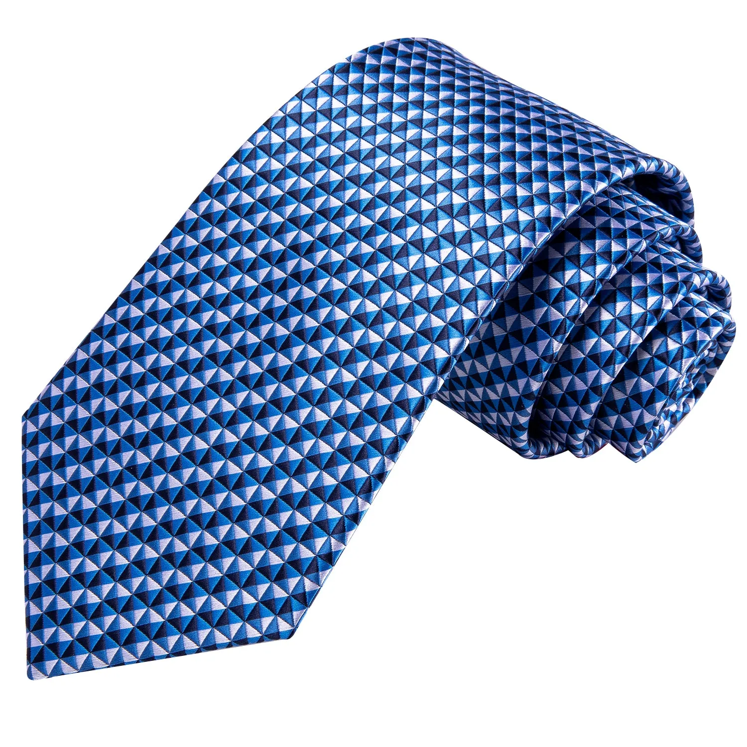 Hi-Tie Blue Necktie White Blue Plaid Tie Pocket Square Cufflinks Set