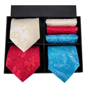 Hi-Tie Blue Red Champagne Floral Tie Pocket Square Cufflinks Gift Box Set