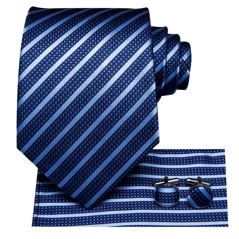 Hi-Tie Blue Striped Necktie Pocket Square Cufflinks Gift Box Set