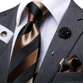 Hi-Tie Brown Black Striped Silk Tie Brown Pocket Square Cufflinks Set