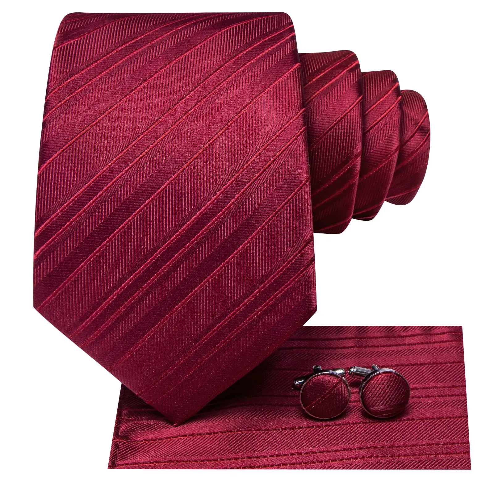 Hi-Tie Burgundy Red Striped Silk Mens Tie Handkerchief Cufflinks Set