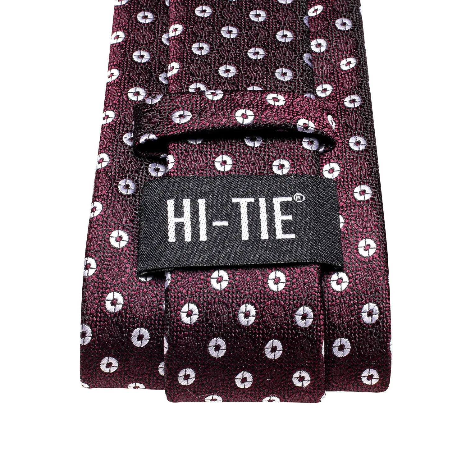 Hi-Tie Burgundy Red White Circle Silk Tie Pocket Square Cufflinks Set