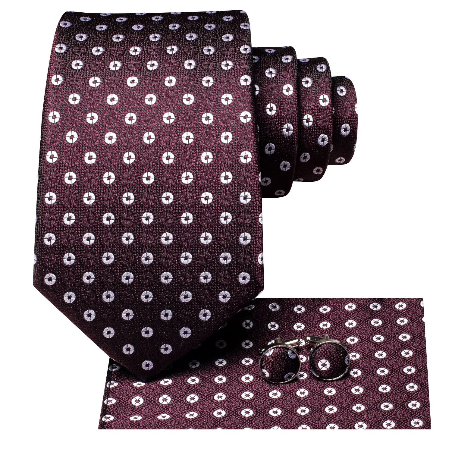 Hi-Tie Burgundy Red White Circle Silk Tie Pocket Square Cufflinks Set