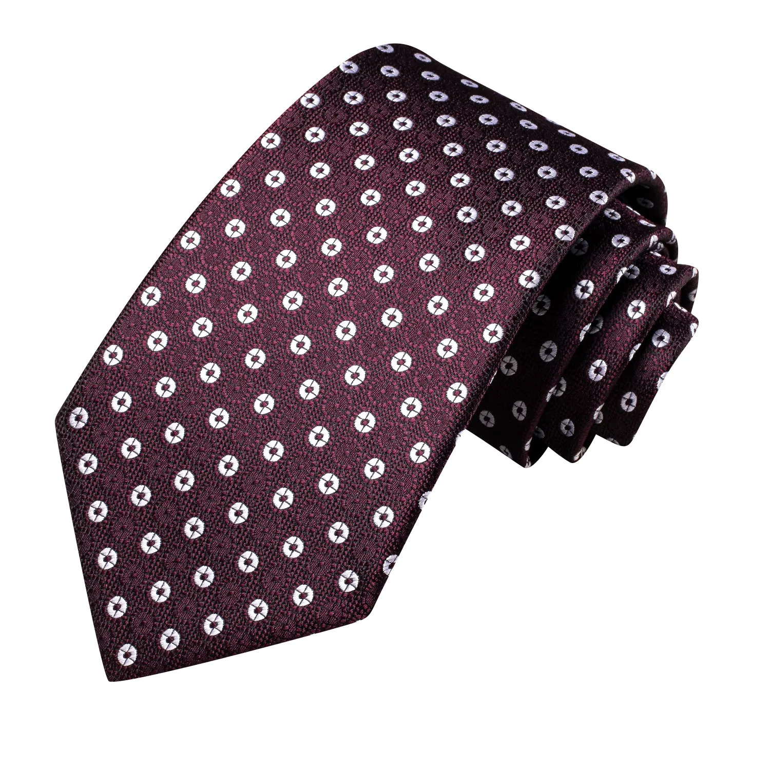 Hi-Tie Burgundy Red White Circle Silk Tie Pocket Square Cufflinks Set