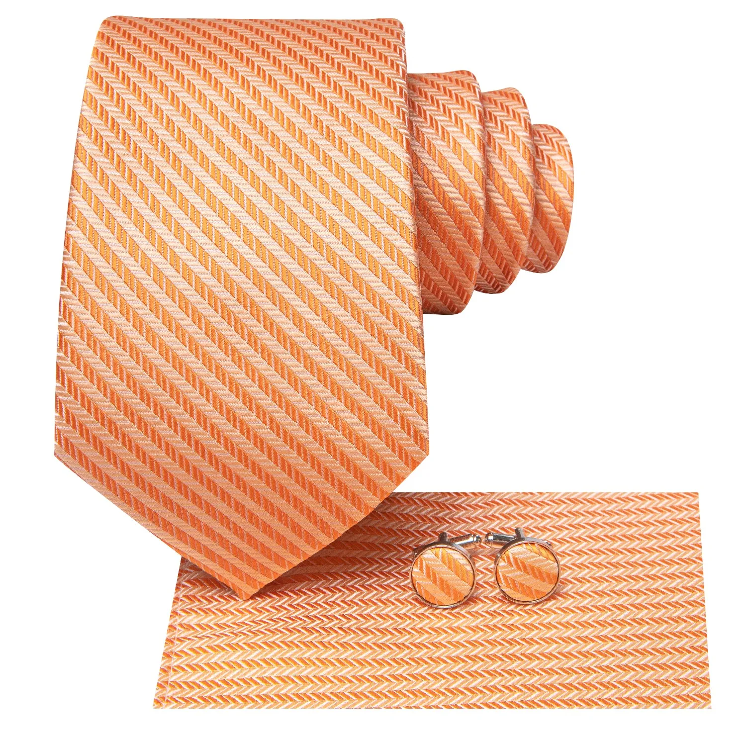 Hi-Tie Burnt Orange Striped Silk Necktie Pocket Square Cufflinks Set