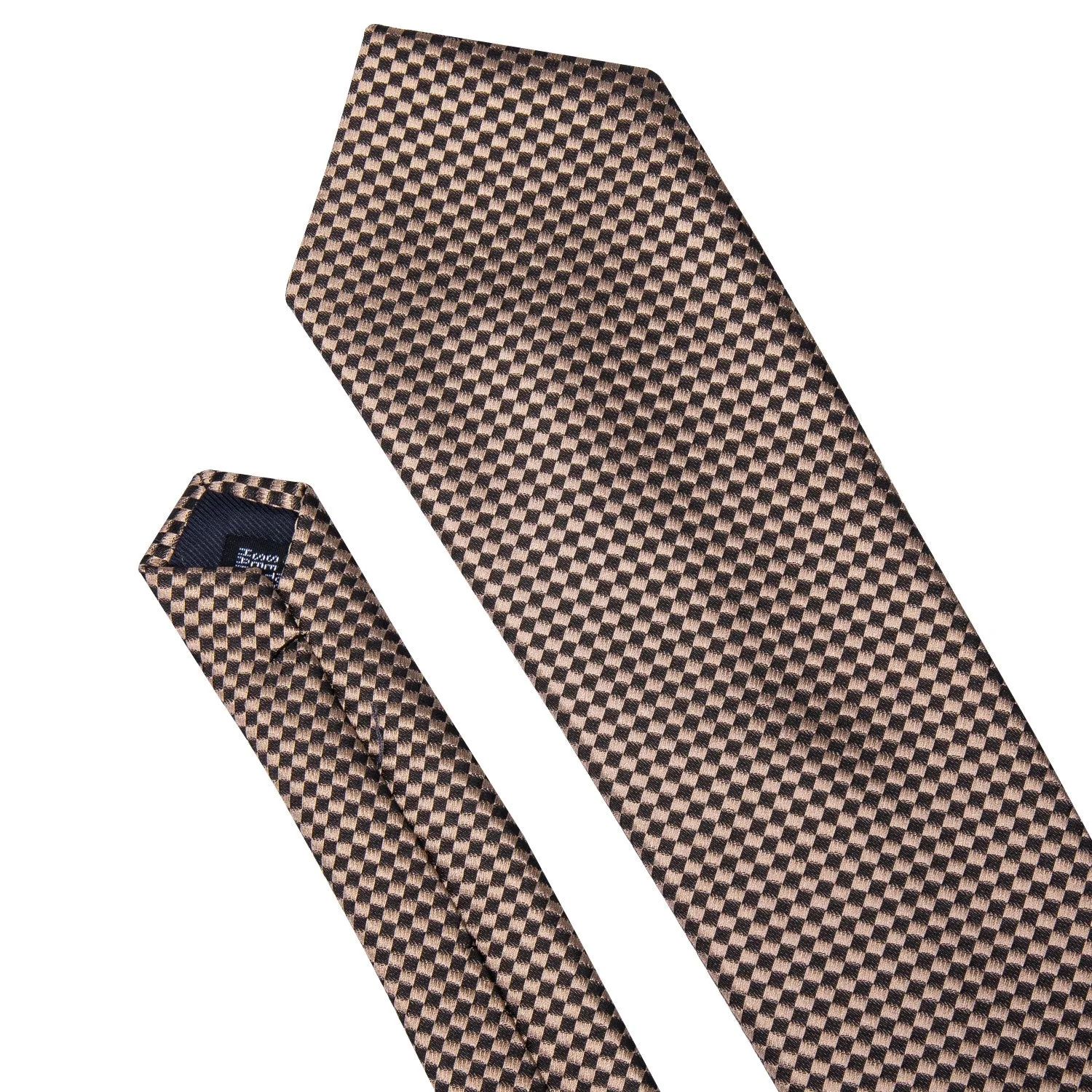 Hi-Tie Champagne Brown Plaid Men's Necktie Pocket Square Cufflinks Set