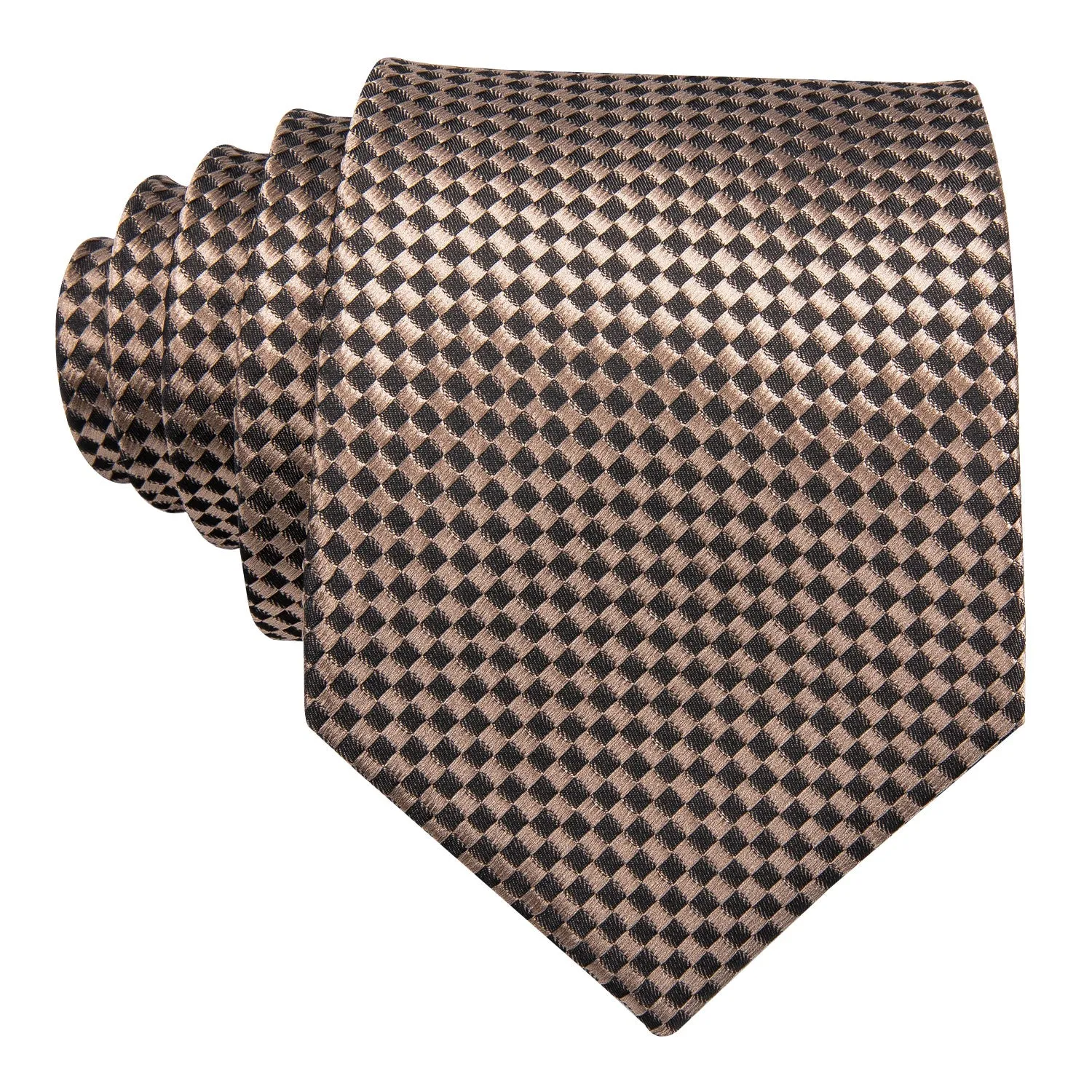 Hi-Tie Champagne Brown Plaid Men's Necktie Pocket Square Cufflinks Set