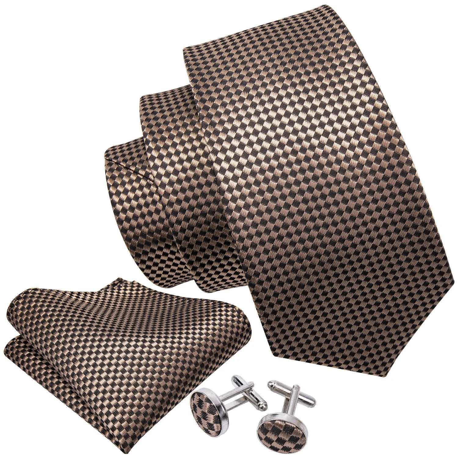 Hi-Tie Champagne Brown Plaid Men's Necktie Pocket Square Cufflinks Set