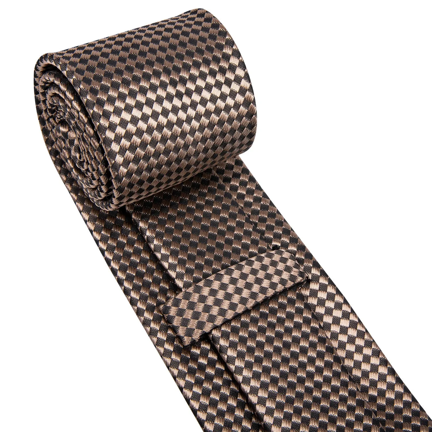 Hi-Tie Champagne Brown Plaid Men's Necktie Pocket Square Cufflinks Set