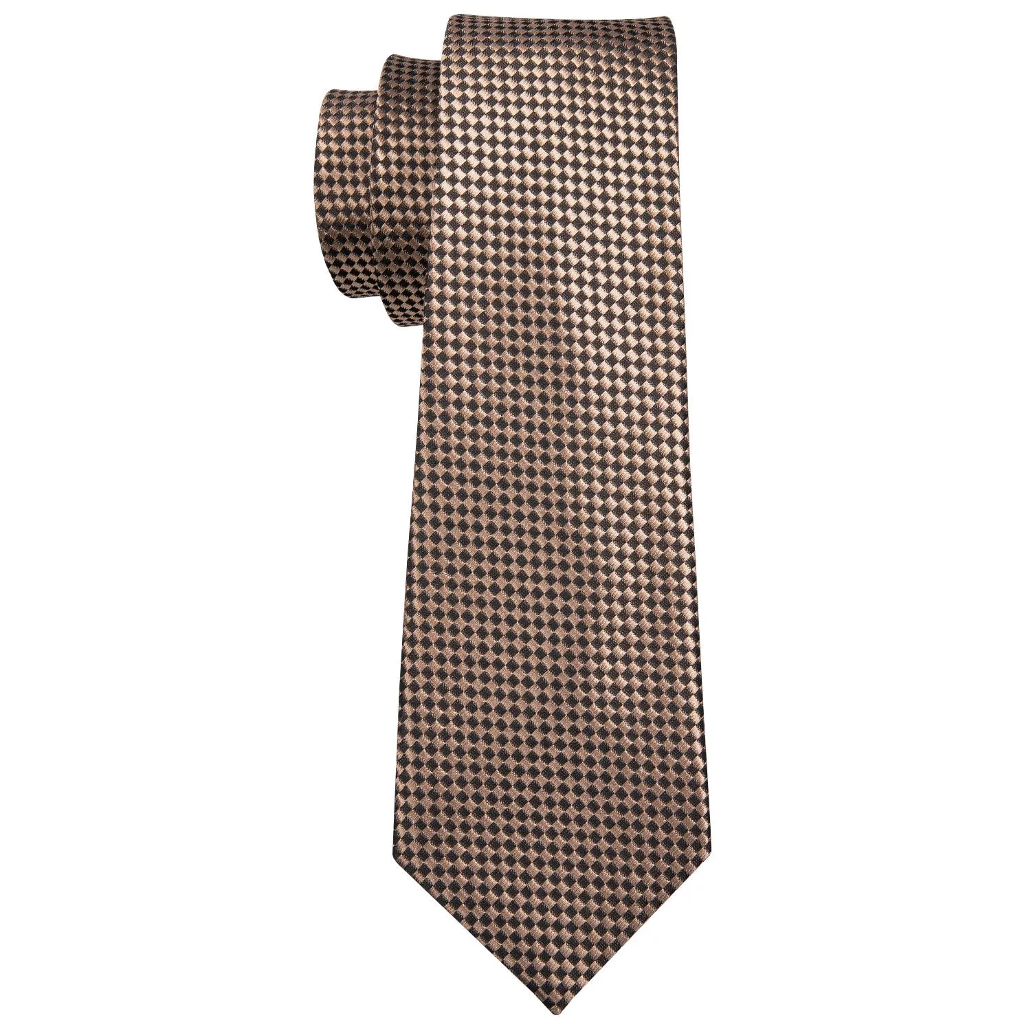 Hi-Tie Champagne Brown Plaid Men's Necktie Pocket Square Cufflinks Set