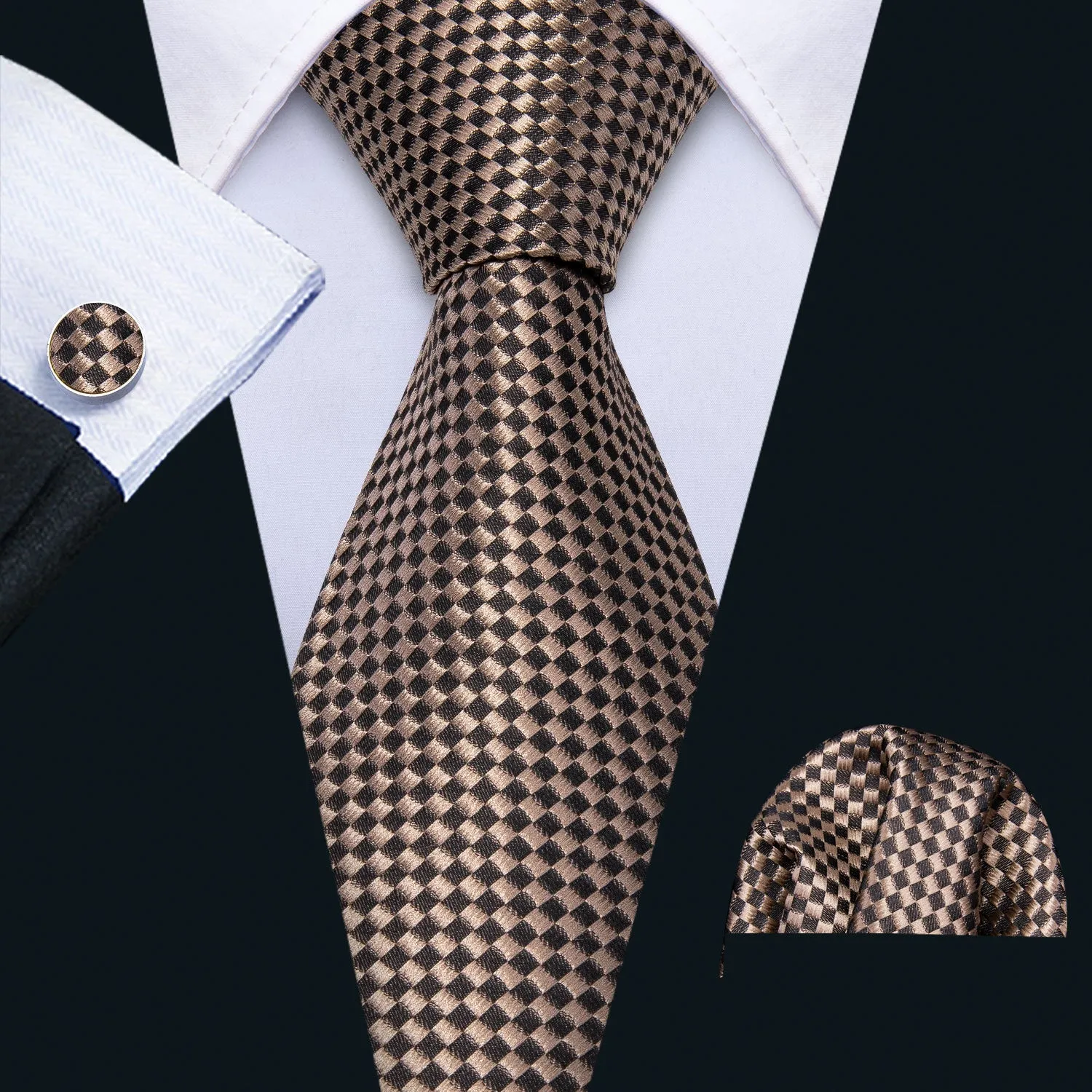 Hi-Tie Champagne Brown Plaid Men's Necktie Pocket Square Cufflinks Set