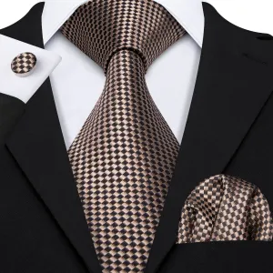 Hi-Tie Champagne Brown Plaid Men's Necktie Pocket Square Cufflinks Set