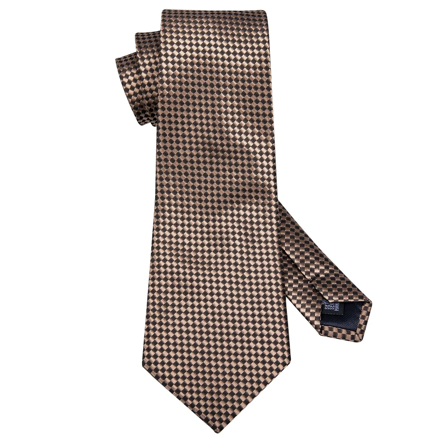 Hi-Tie Champagne Brown Plaid Men's Necktie Pocket Square Cufflinks Set