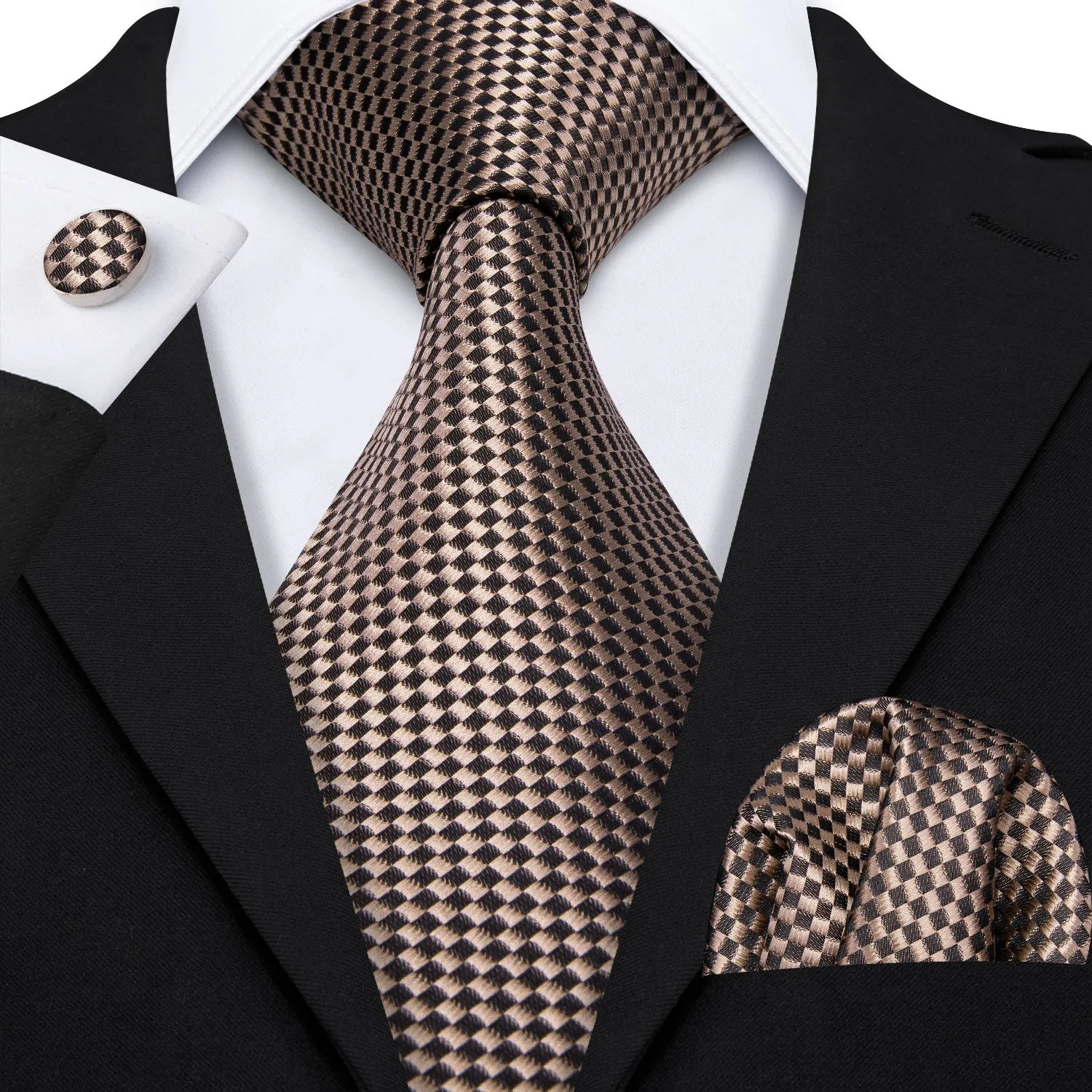 Hi-Tie Champagne Brown Plaid Men's Necktie Pocket Square Cufflinks Set