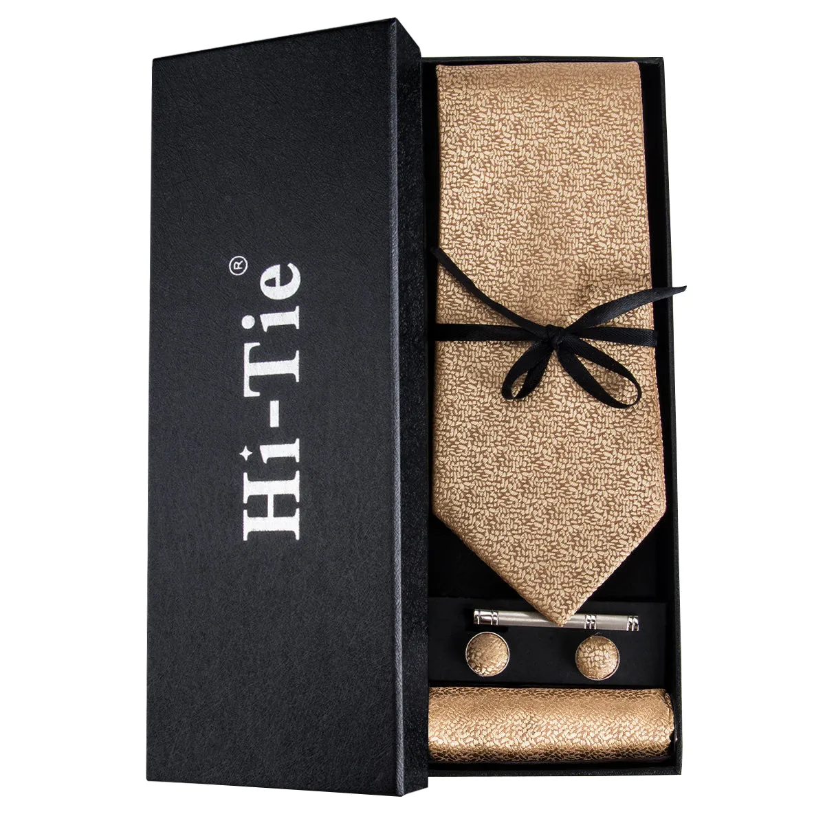 Hi-Tie Champagne Golden Solid Men's Tie Hanky Cufflinks Gift Box Set