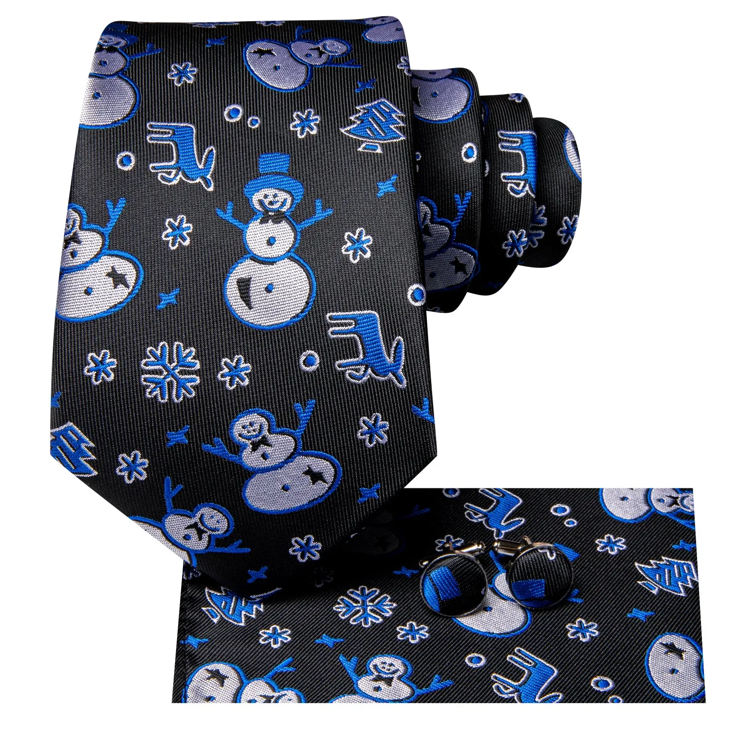 Hi-Tie Christmas Black Blue Snowmen Tie Pocket Square Cufflinks Set