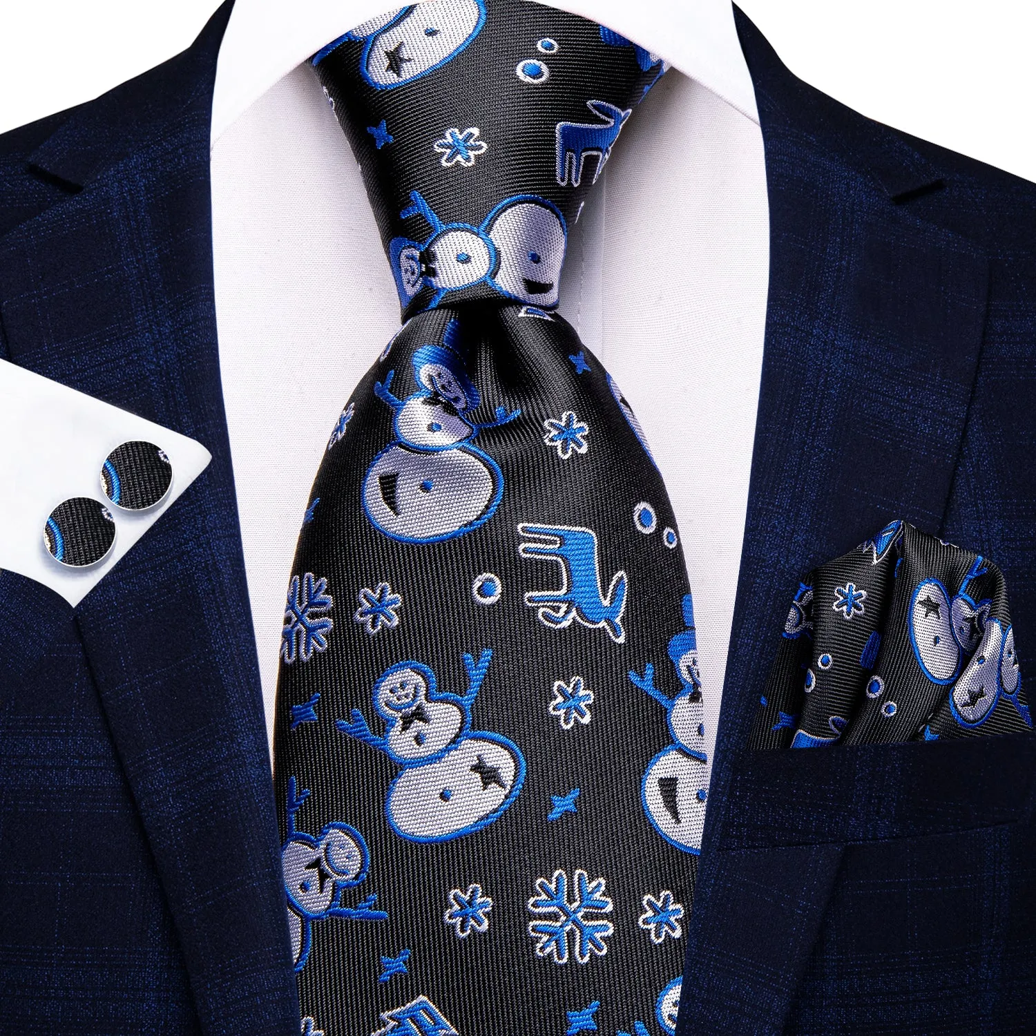 Hi-Tie Christmas Black Blue Snowmen Tie Pocket Square Cufflinks Set