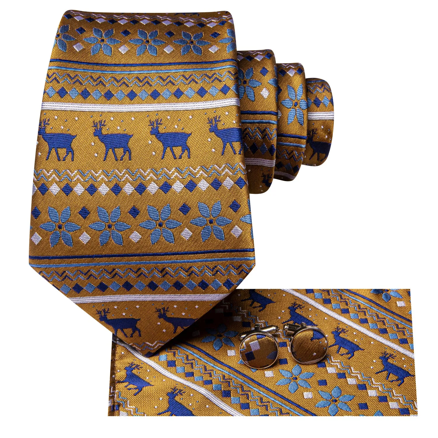 Hi-Tie Christmas Brown Novelty  Men's Tie Pocket Square Cufflinks Set