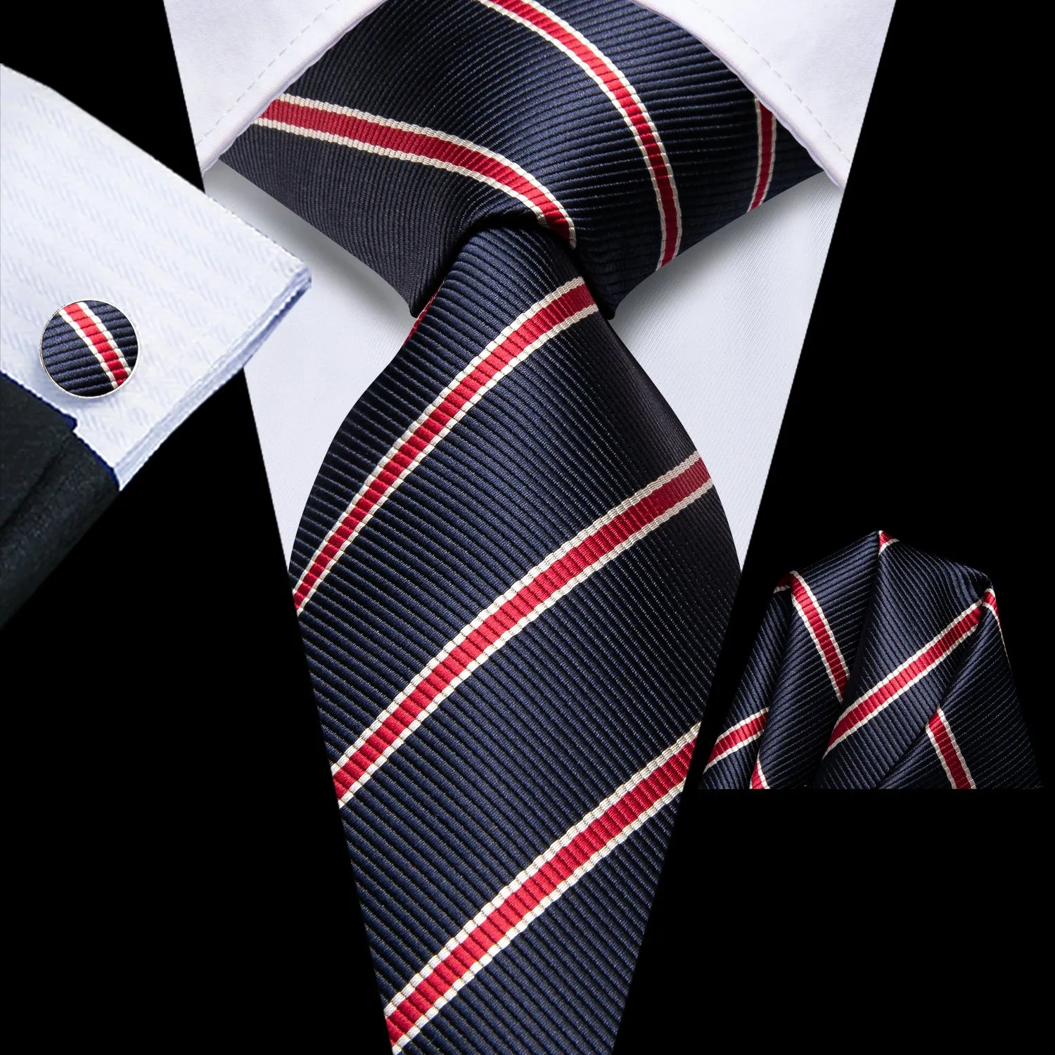 Hi-Tie Dark Blue Necktie Red Striped Tie Pocket Square Cufflinks Set