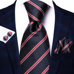 Hi-Tie Dark Blue Necktie Red Striped Tie Pocket Square Cufflinks Set