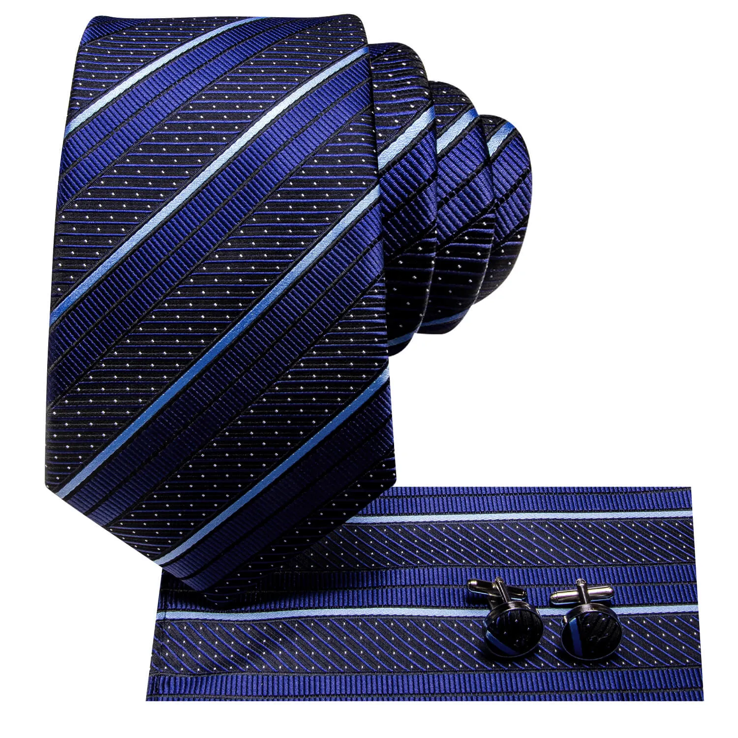 Hi-Tie Dark Blue Tie with White Stripes Pocket Square Cufflinks Set