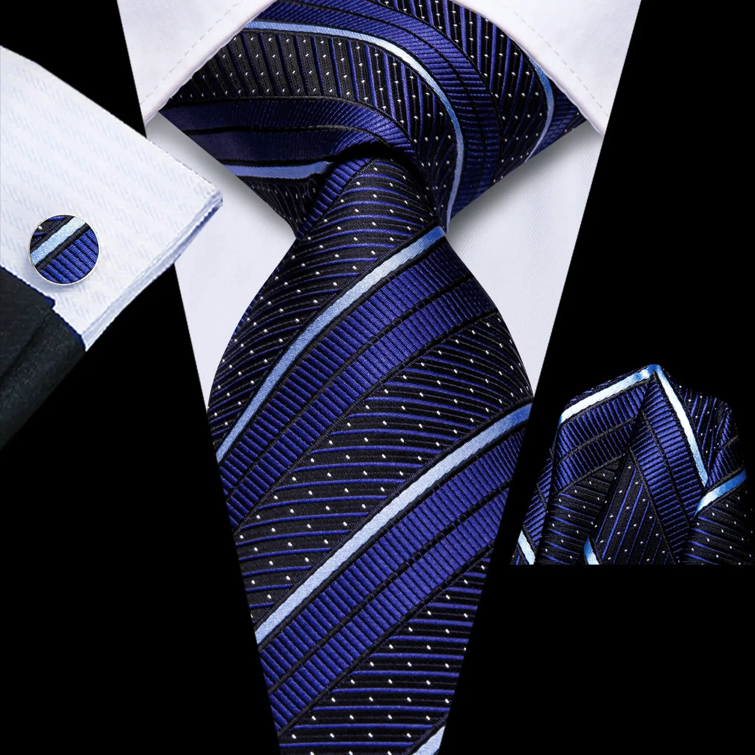 Hi-Tie Dark Blue Tie with White Stripes Pocket Square Cufflinks Set