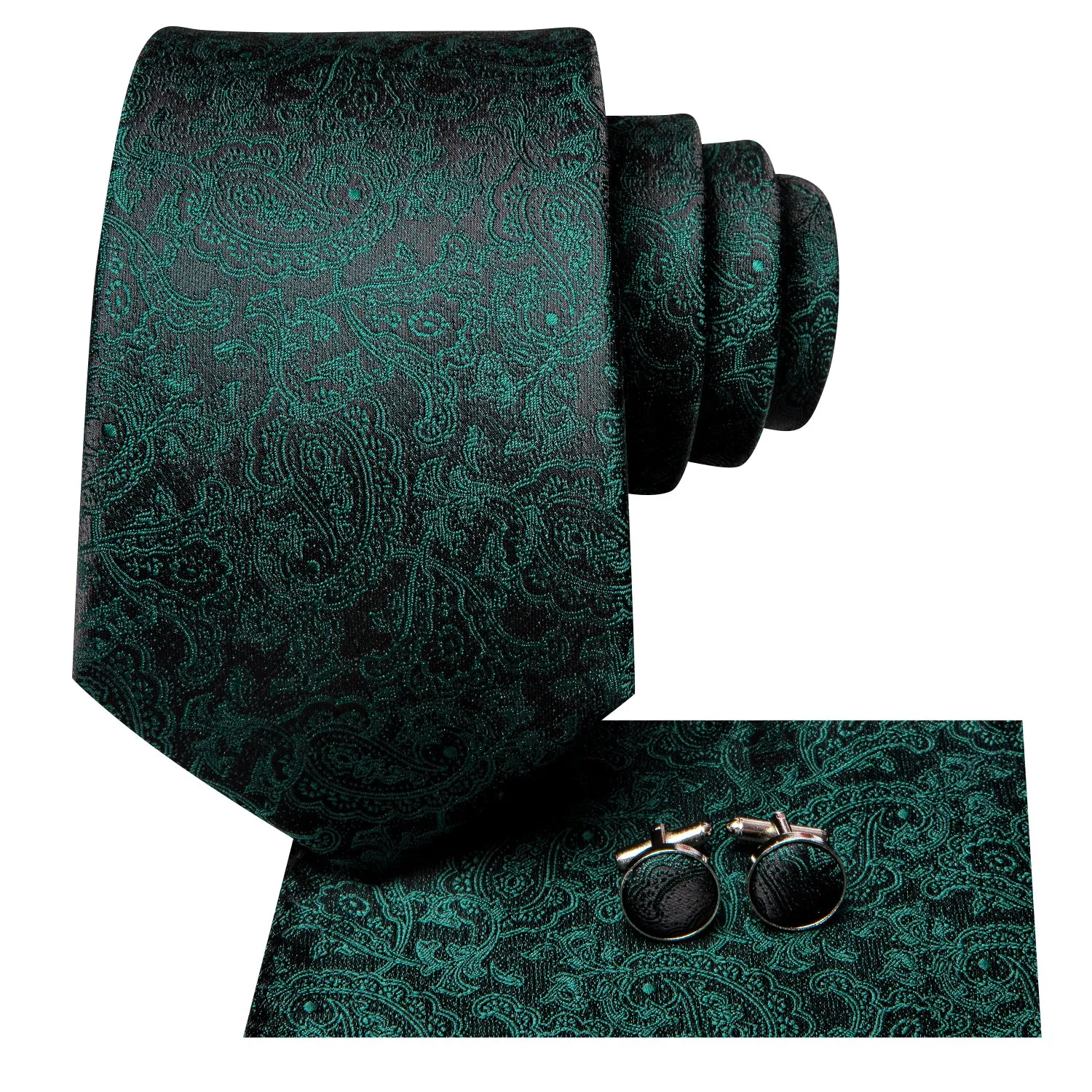 Hi-Tie Dark Green Black Paisley Men's Tie Pocket Square Cufflinks Set