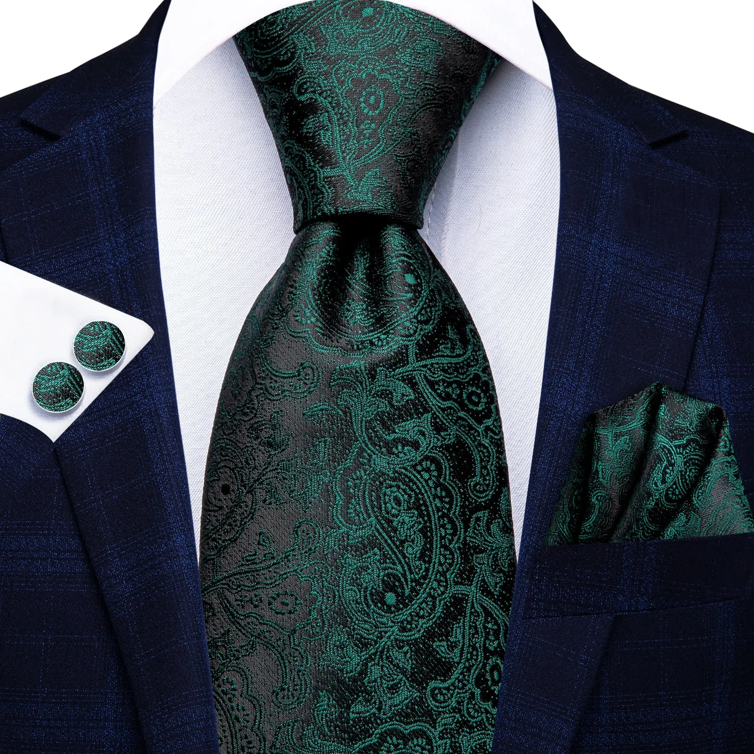 Hi-Tie Dark Green Black Paisley Men's Tie Pocket Square Cufflinks Set