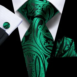 Hi-Tie Dark Green Men's Black Paisley Tie Pocket Square Cufflinks Set