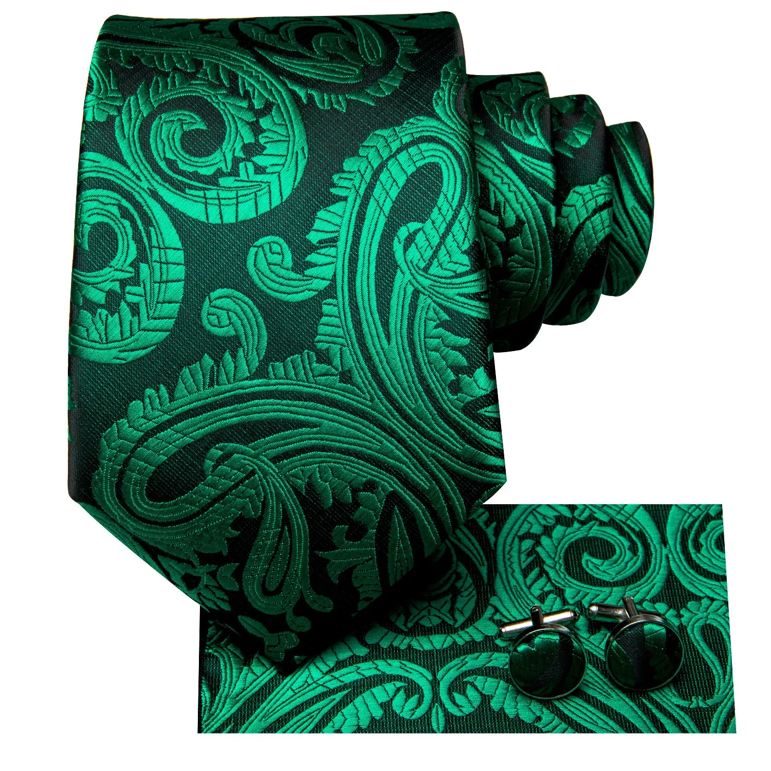 Hi-Tie Dark Green Men's Black Paisley Tie Pocket Square Cufflinks Set