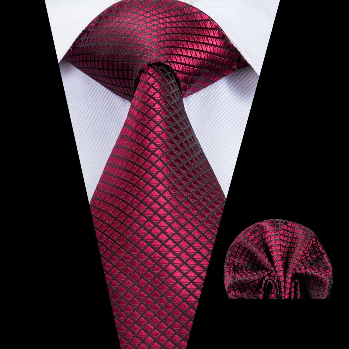 Hi-Tie Dark Red Plaid 63 Inch Length Men's Necktie Pocket Square Set