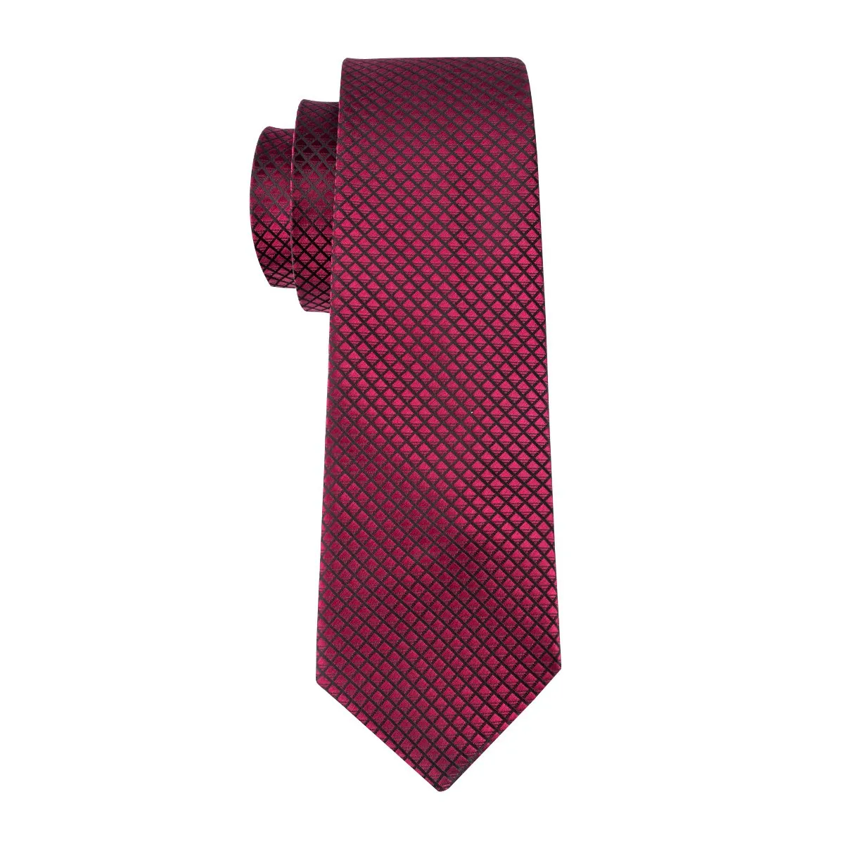 Hi-Tie Dark Red Plaid 63 Inch Length Men's Necktie Pocket Square Set