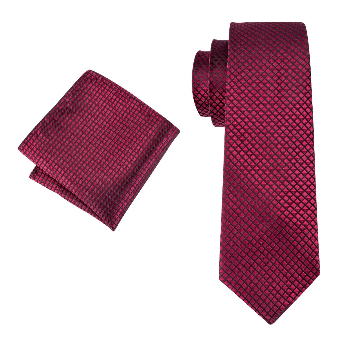 Hi-Tie Dark Red Plaid 63 Inch Length Men's Necktie Pocket Square Set